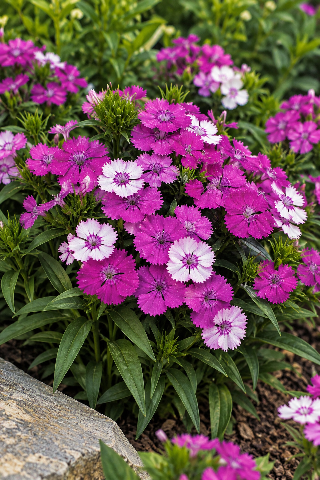 Dianthus Dart Lavender Magician F1 with fringed pink-purple and pale lavender flowers growing beside a garden rock.