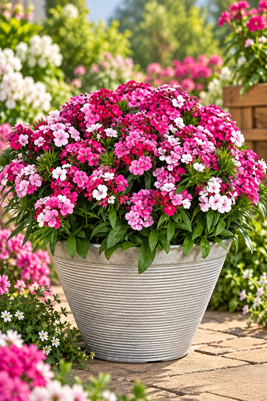 Dianthus Dart Pink Magician covered in pink, deep rose and white flowers in a ribbed gray patio pot.