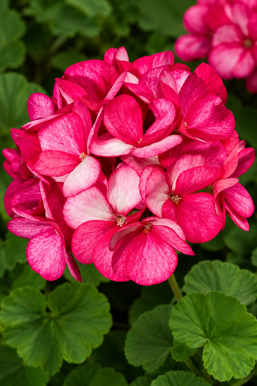 Maverick Violet Picotee geranium with pink-and-white bicolor flower clusters and scalloped green leaves.
