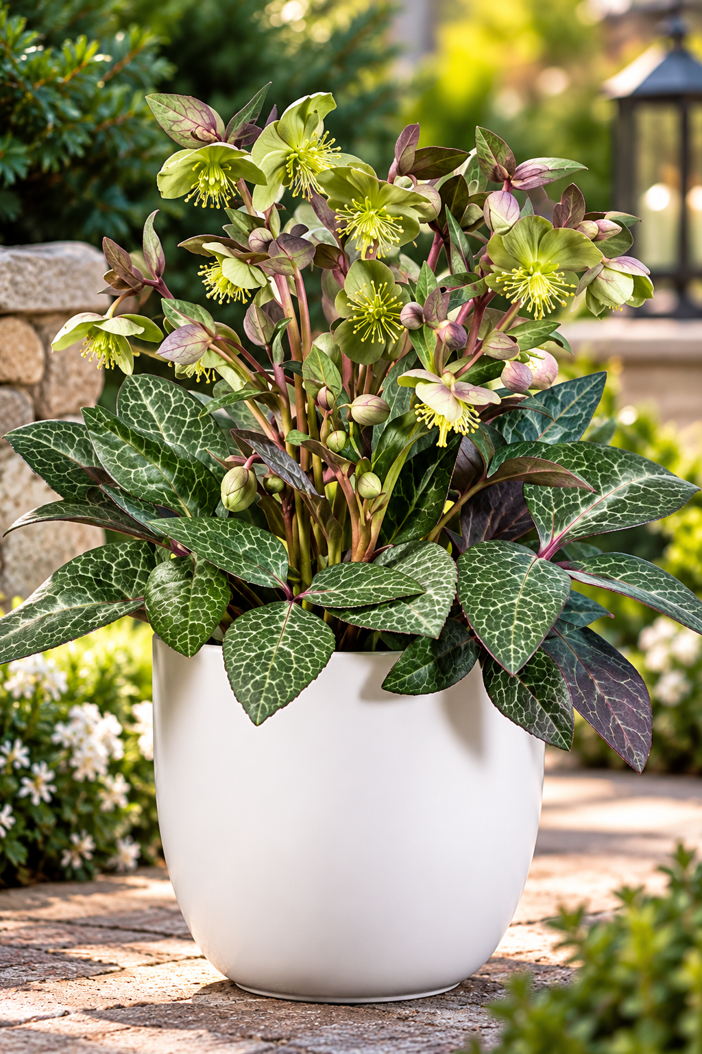  Lividus Purple Marble helleborus with green flowers and marbled leaves in a white pot