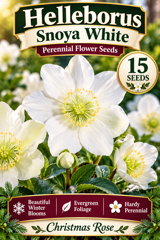 Snoya White helleborus seed graphic with white blooms, 15 seeds