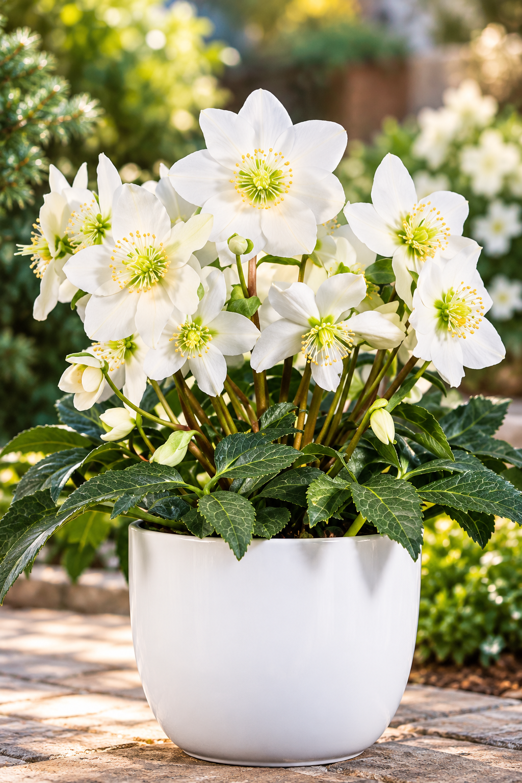 Snoya White helleborus with white flowers in a white pot