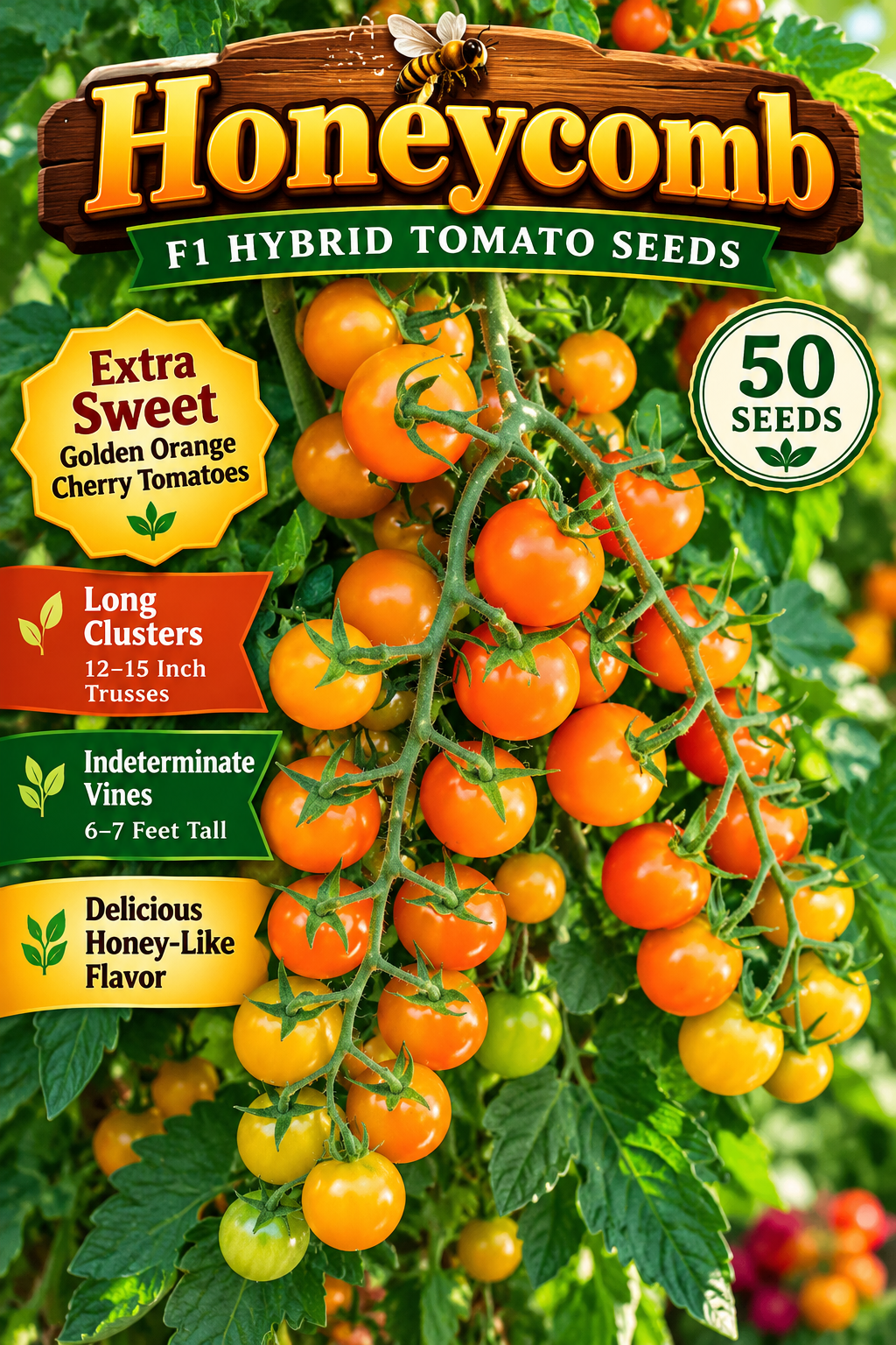 Honeycomb F1 hybrid tomato seeds, 50 seeds, with golden-orange cherry tomatoes and growing highlights