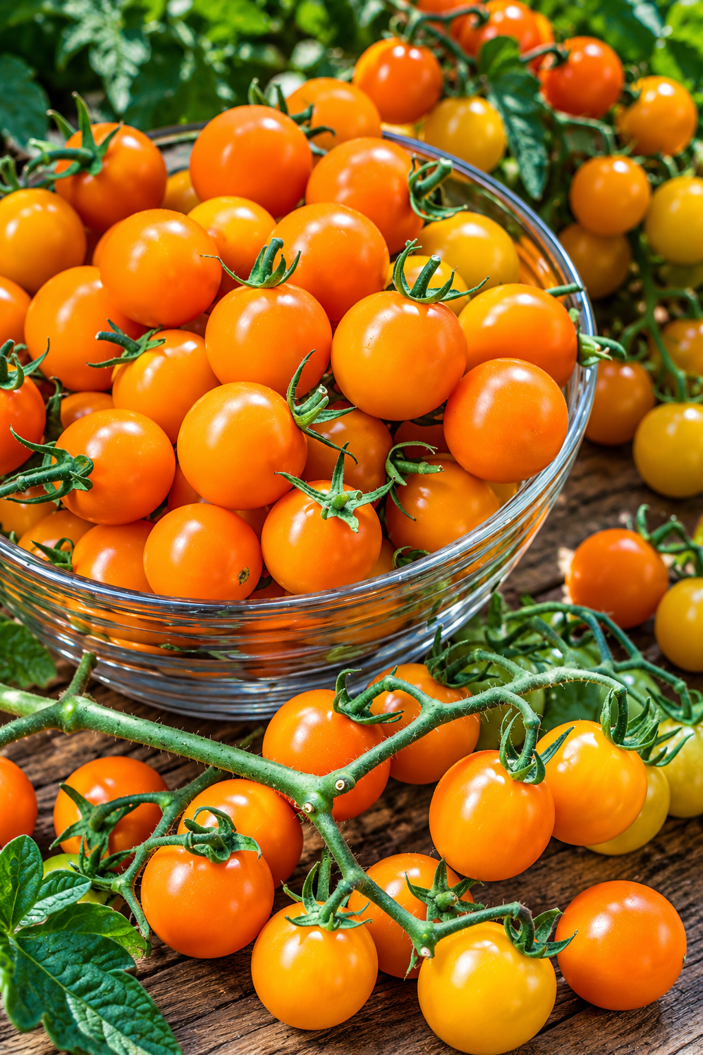 harvest bowl: Glass bowl filled with golden-orange Honeycomb F1 cherry tomatoes, with tomato trusses on a wooden table