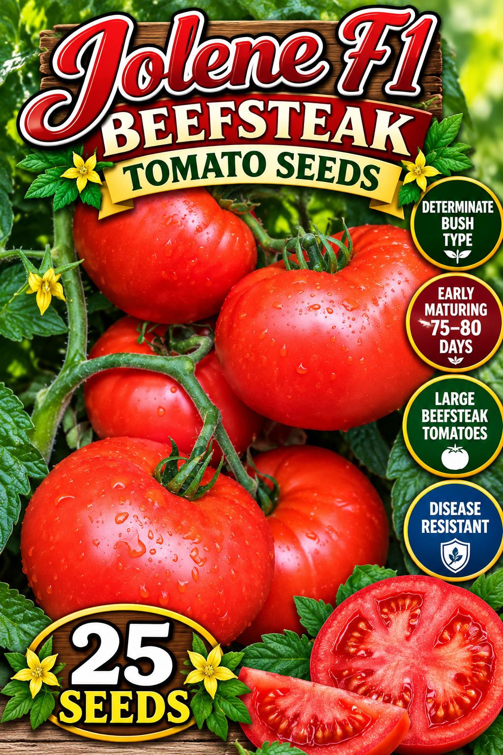 Jolene F1 beefsteak tomato seed promotional image featuring ripe red tomatoes, a sliced tomato, and a 25-seed label