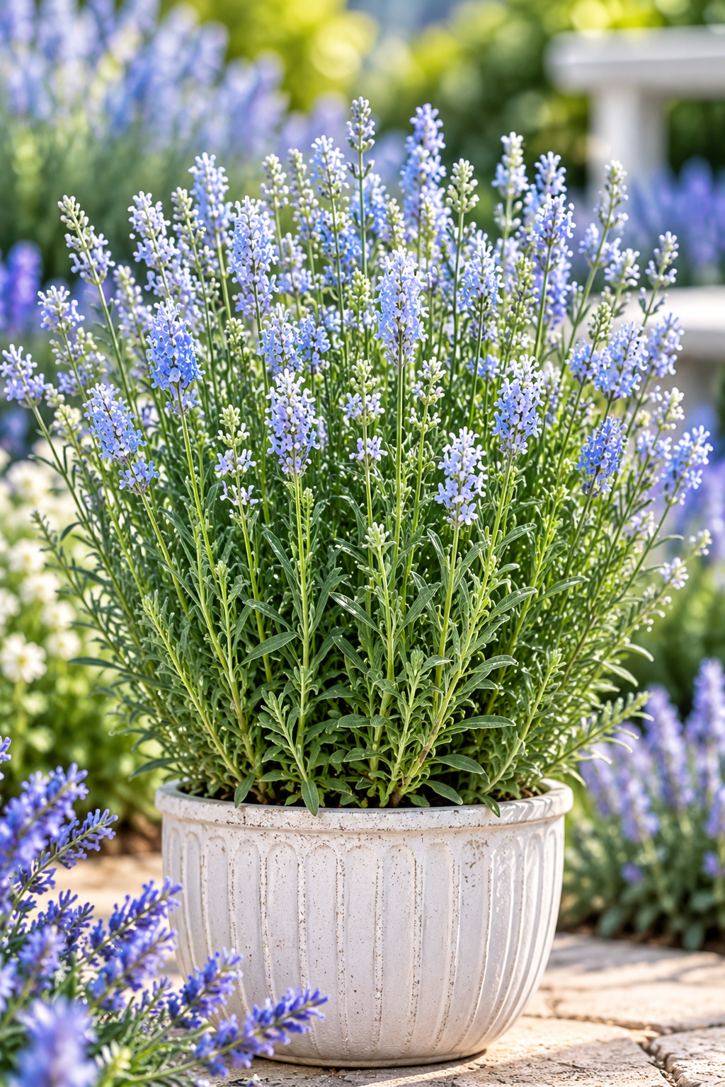 Ellagance Sky Blue English lavender with sky blue flowers in a white pot
