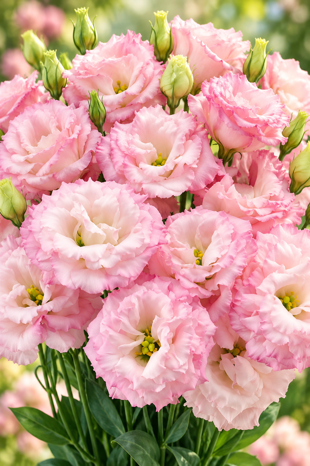 Celeb 1 Sakura Pink lisianthus with ruffled pale pink double blooms, creamy centers, and unopened green buds