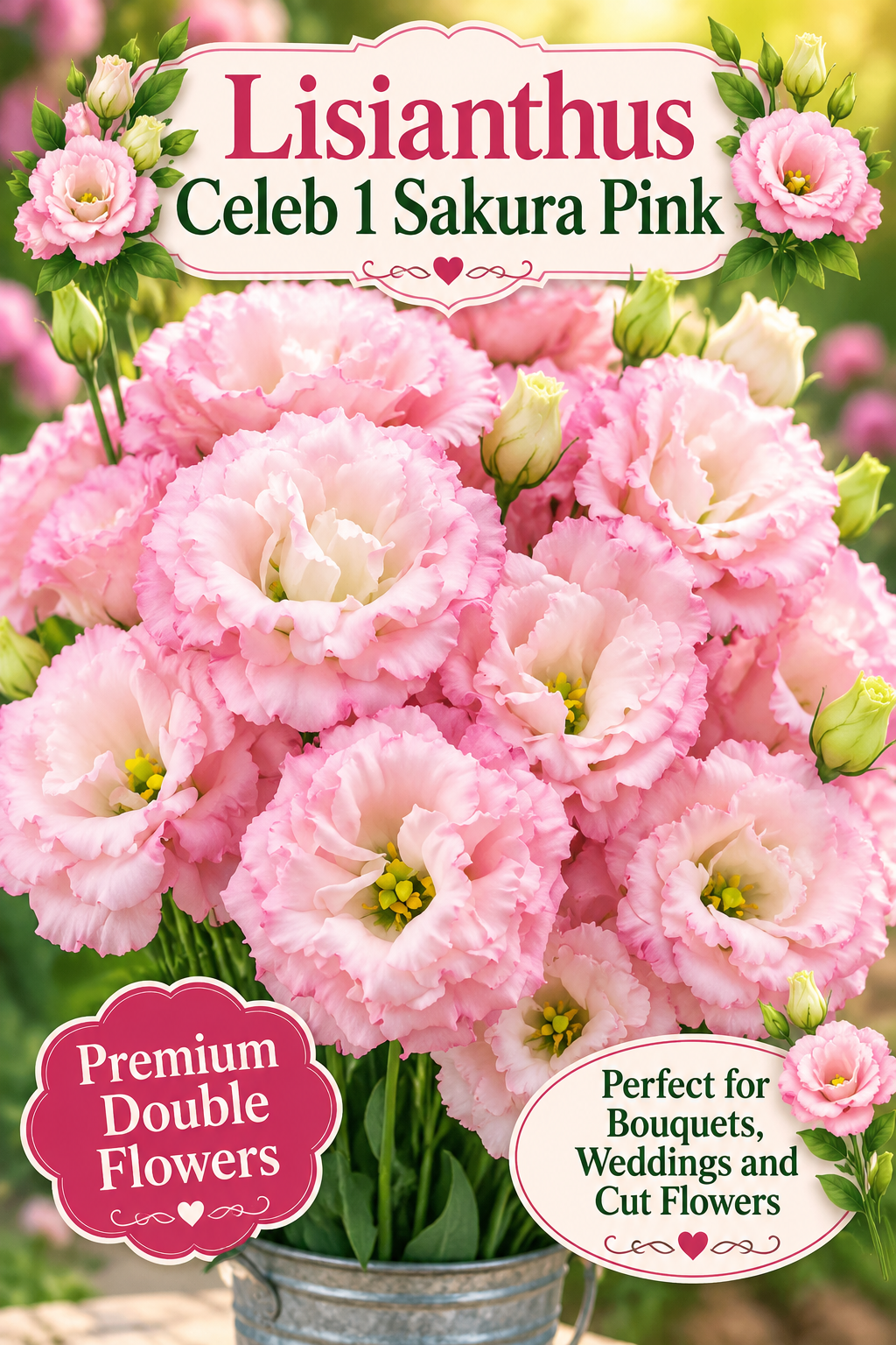 Celeb 1 Sakura Pink lisianthus bouquet with soft pink double flowers and variety name overlay