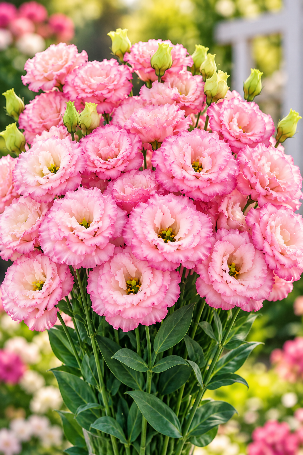 Celeb 2 Diamond Pink lisianthus with pale pink double blooms, darker pink petal edges, and green buds