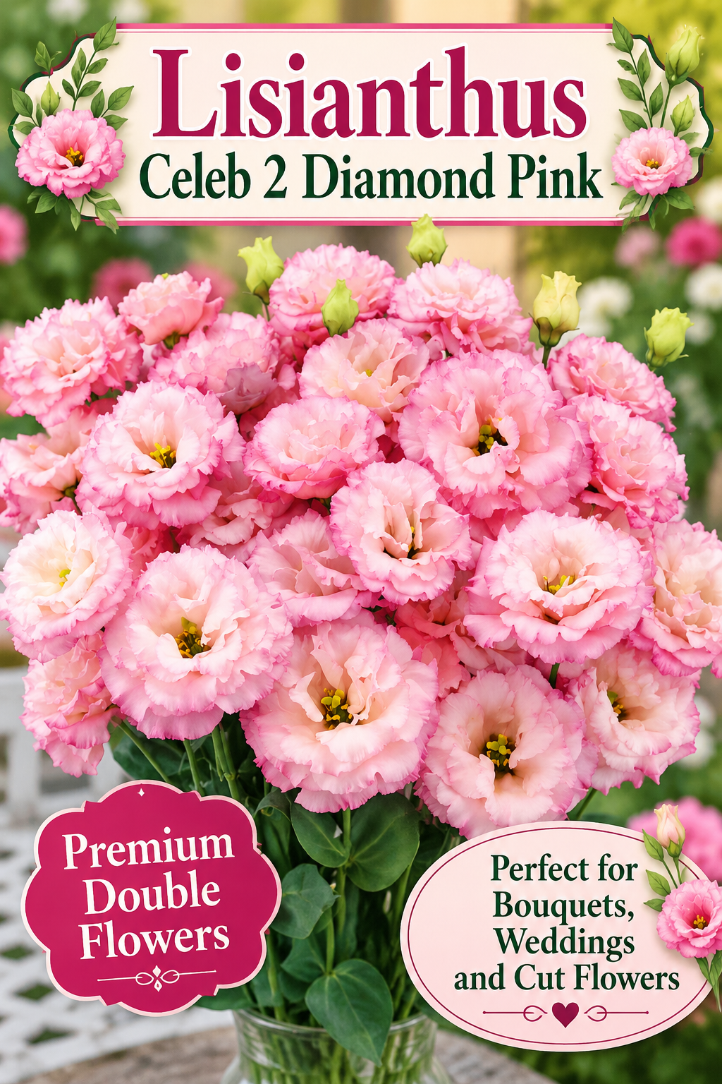 Celeb 2 Diamond Pink lisianthus bouquet with ruffled pink double flowers and variety name overlay