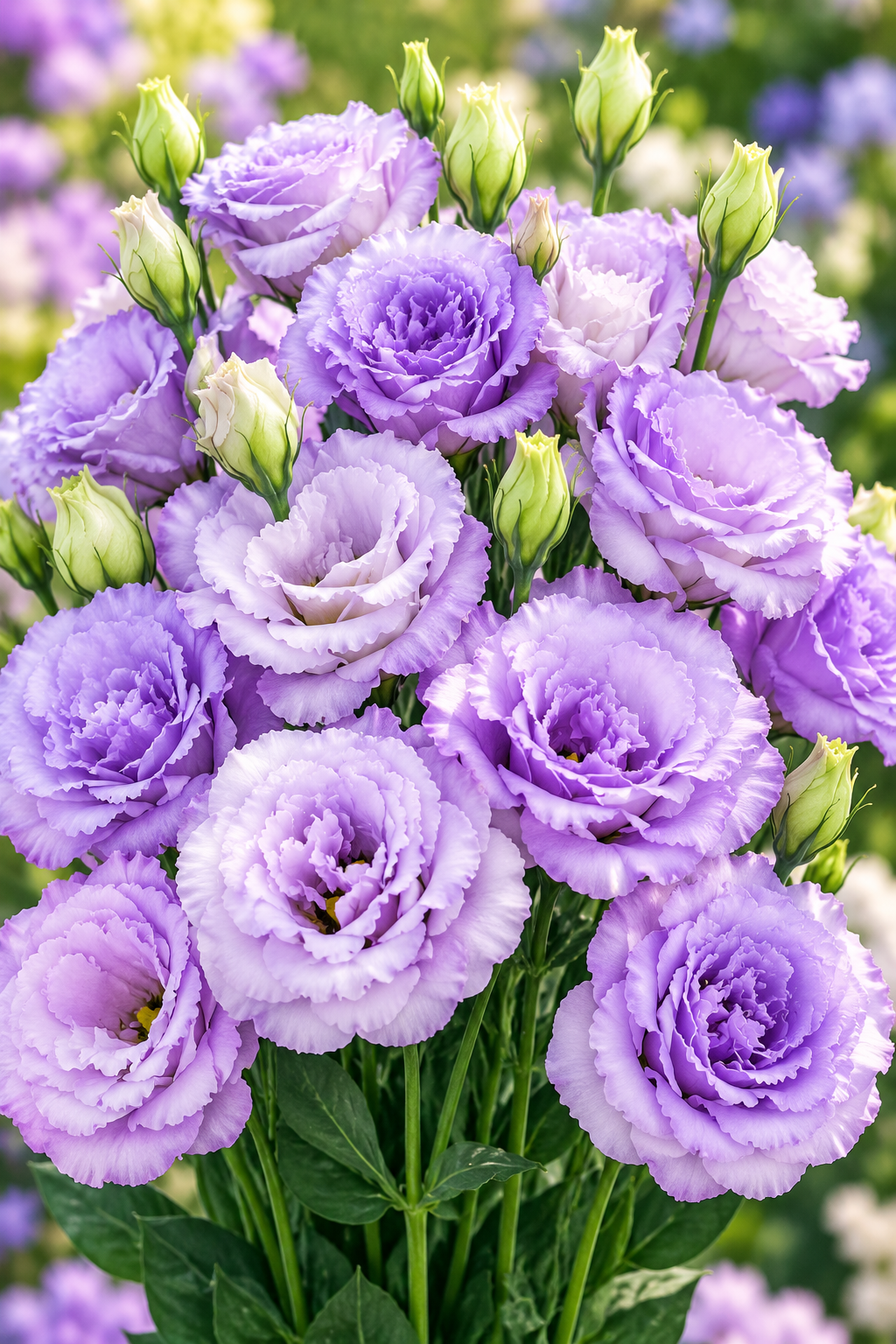 Megalo 3 Orchid lisianthus with lavender double blooms, deeper purple centers, and unopened green buds