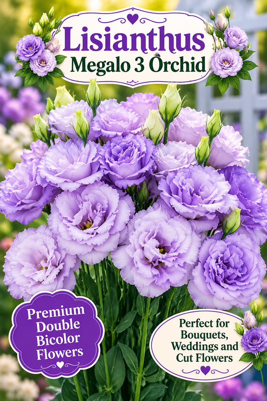 Megalo 3 Orchid lisianthus bouquet with ruffled lavender double flowers and variety name overlay