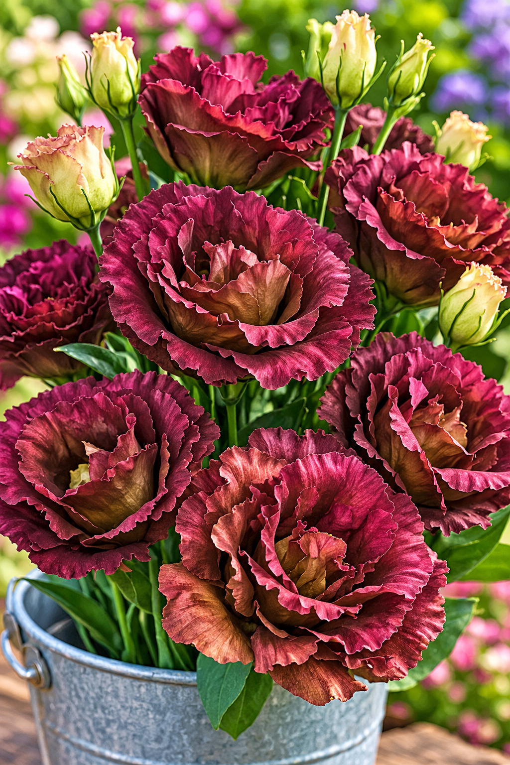 Lisianthus Rosanne 3 Brown blooms with ruffled burgundy edges, brown centers and pale buds in a metal bucket.
