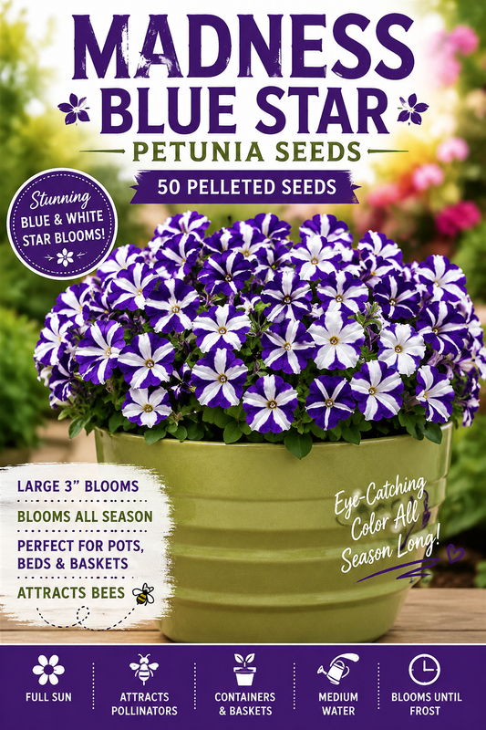 Madness Blue Star Petunia Seeds 50 Pelleted Seeds Premium Floribunda Petunia Seeds