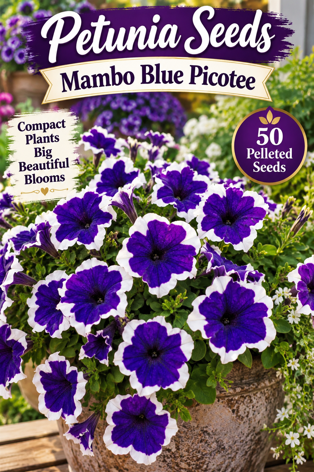 Petunia Seeds Mambo Blue Picotee – 50 Pelleted Seeds