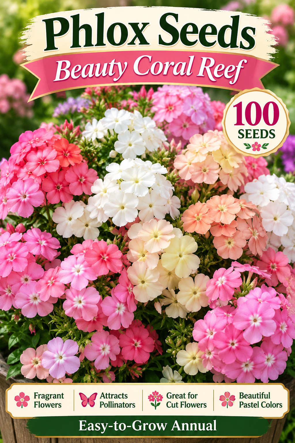Beauty Coral Reef phlox seed graphic with pastel flowers, 100 seeds