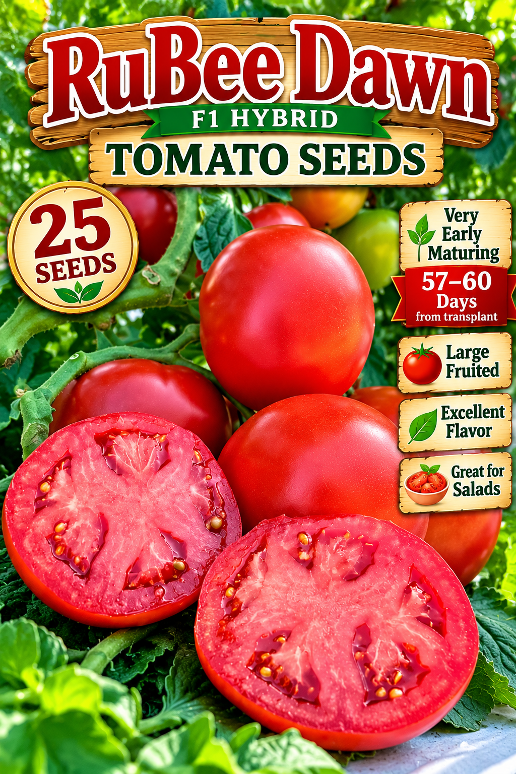 RuBee Dawn F1 hybrid tomato seeds packet-style graphic with ripe red tomatoes and early 57-60 day harvest details