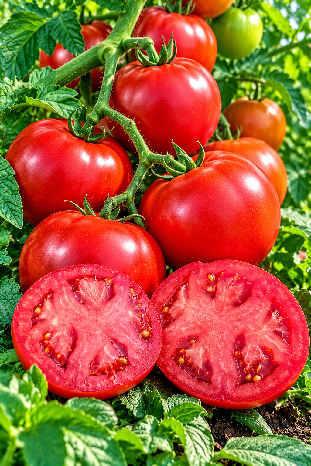 Ripe red RuBee Dawn salad tomatoes on the vine, one sliced open to show the juicy interior