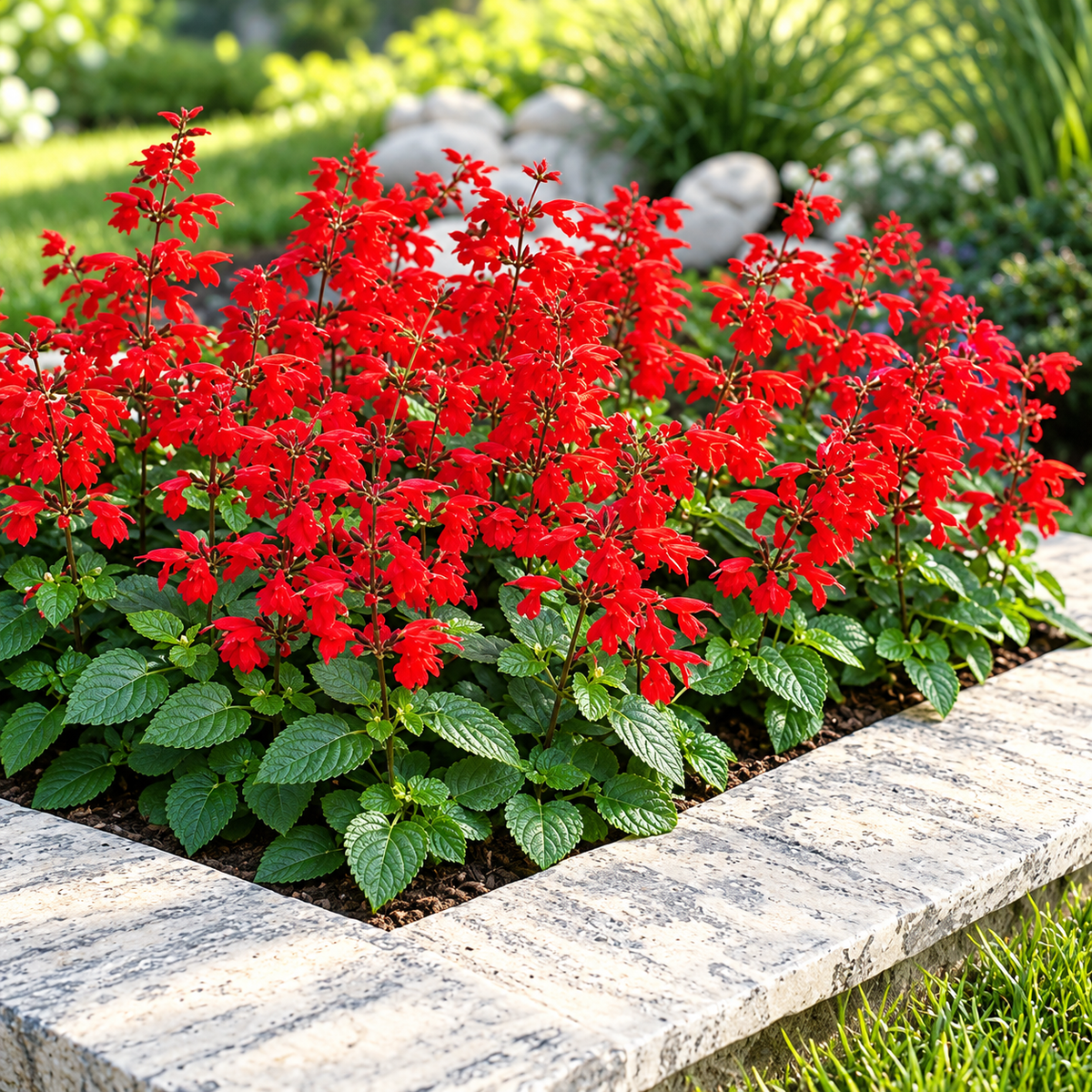 Summer Jewel Red salvia with bright red flower spikes and green foliage growing in a stone-edged garden bed
