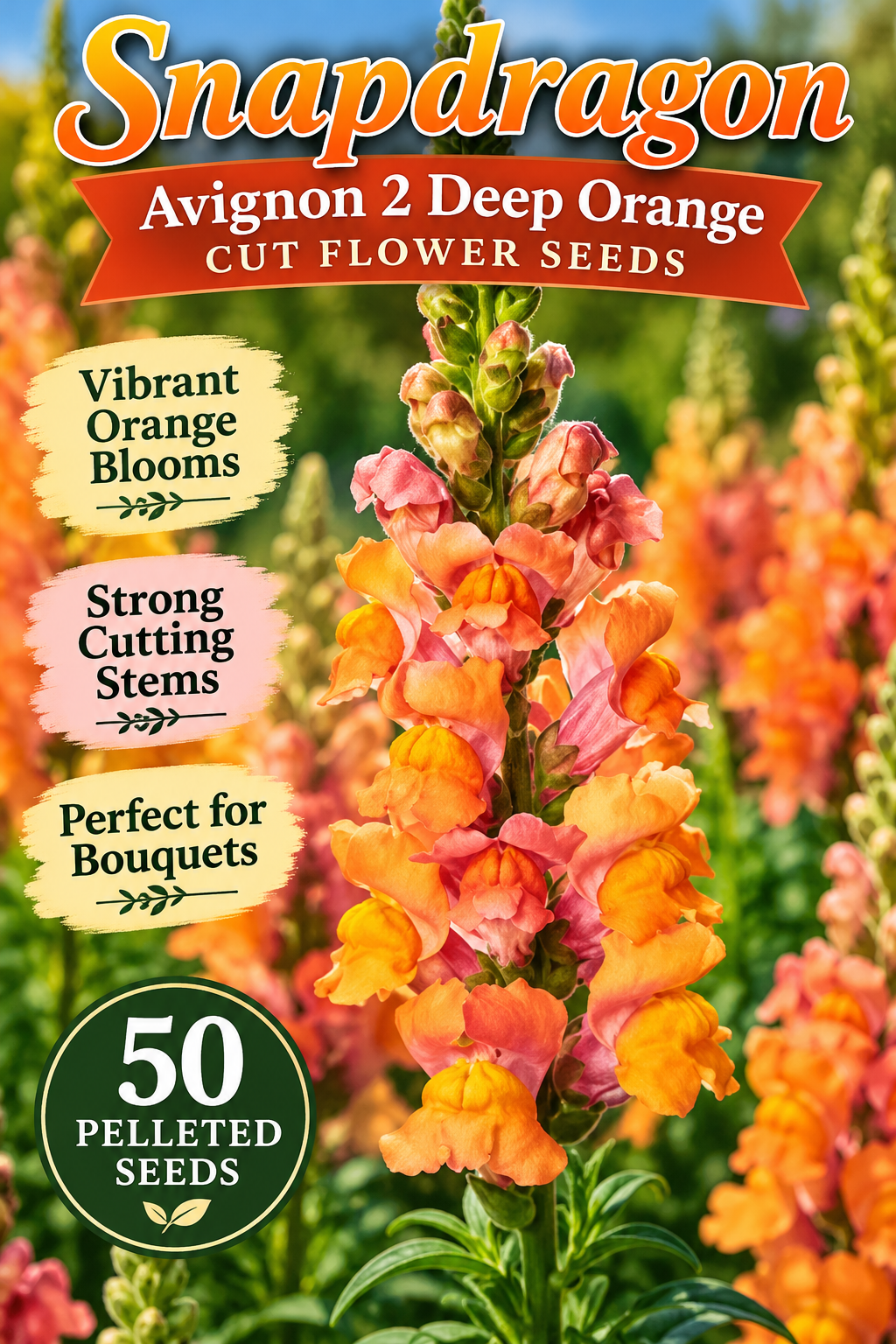 50 Pelleted Snapdragon Seeds Avignon 2 Deep Orange Cut Flower Seeds
