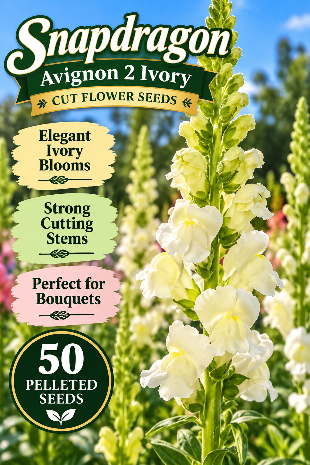 50 Pelleted Snapdragon Seeds Avignon 2 Ivory Cut Flower Seeds