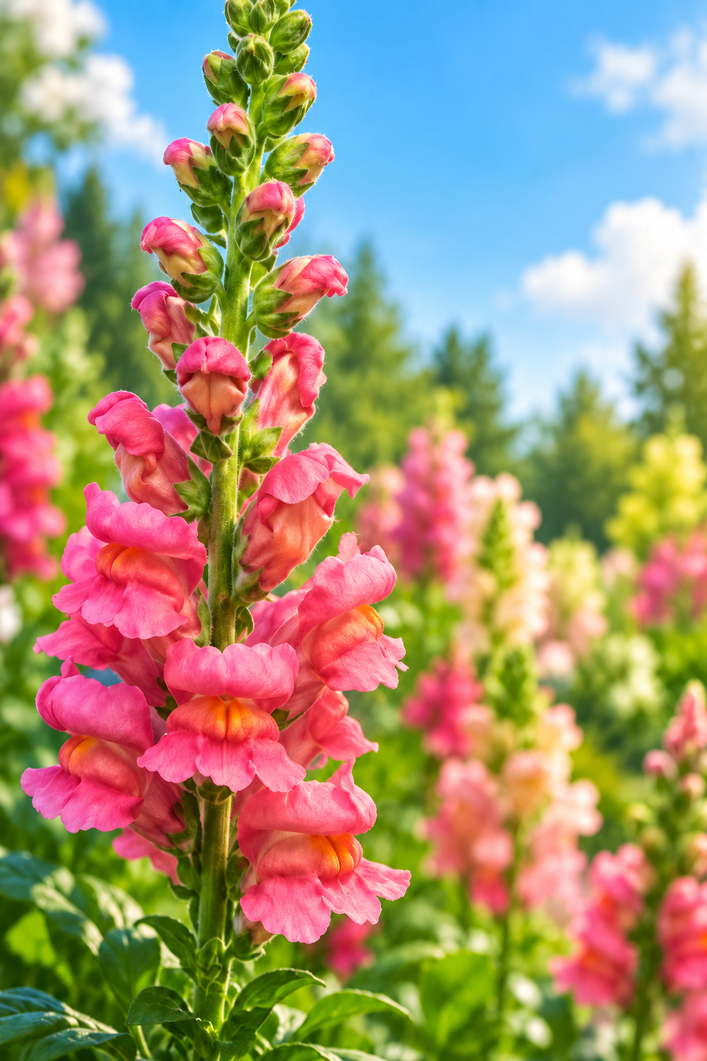 Avignon 2 Rose snapdragon with rose-pink blooms and yellow throats on a tall flower spike in a sunny garden