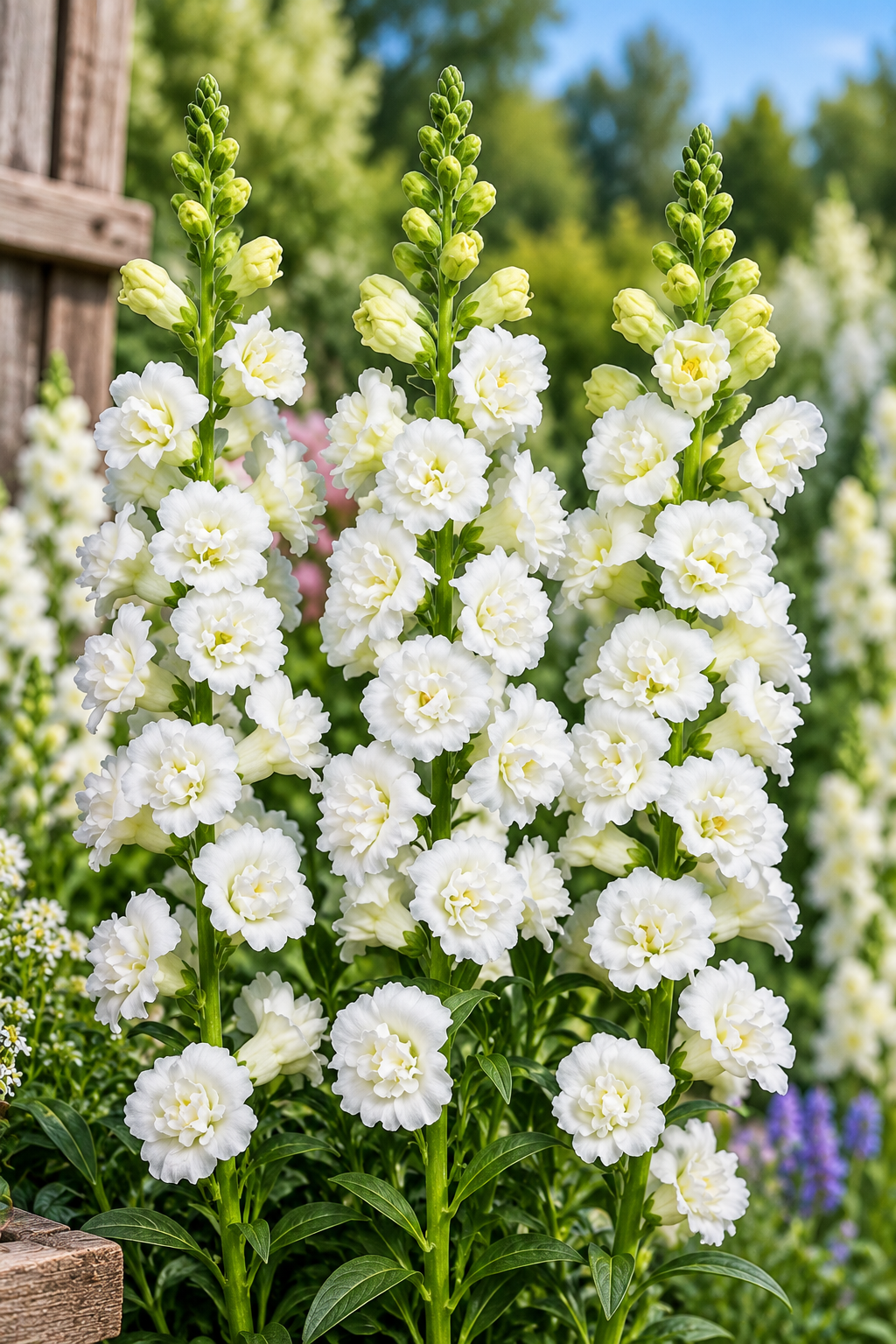 SnapStar White Group 2 double snapdragon flowers in white growing in a cutting garden