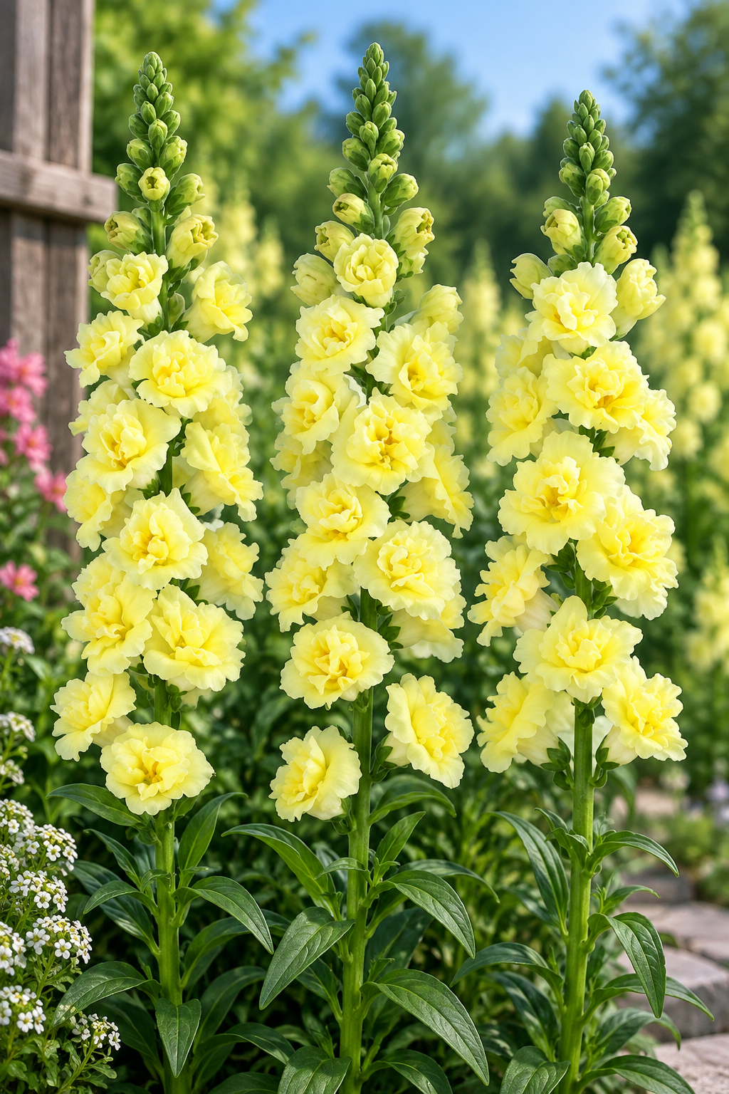 SnapStar Yellow Group 2 double snapdragon flowers in bright yellow growing in a cutting garden