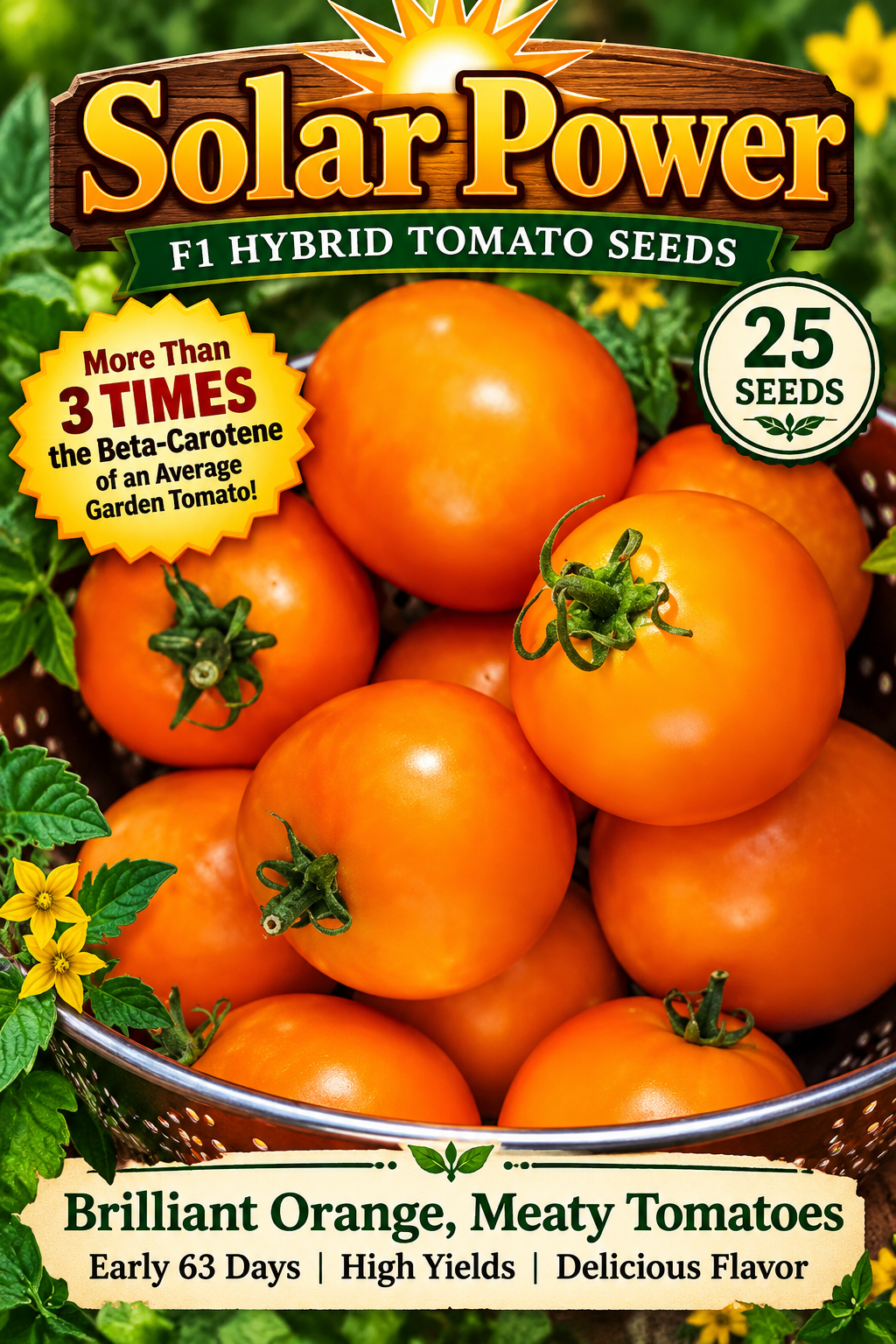 Solar Power F1 hybrid tomato seeds, 25 seeds, featuring bright orange tomatoes and a 63-day maturity label