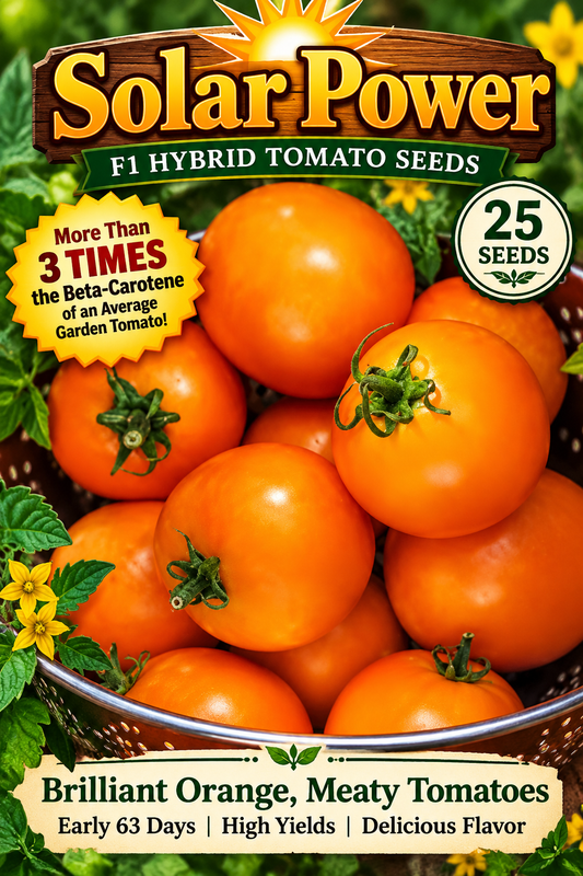 Solar Power F1 hybrid tomato seeds, 25 seeds, featuring bright orange tomatoes and a 63-day maturity label