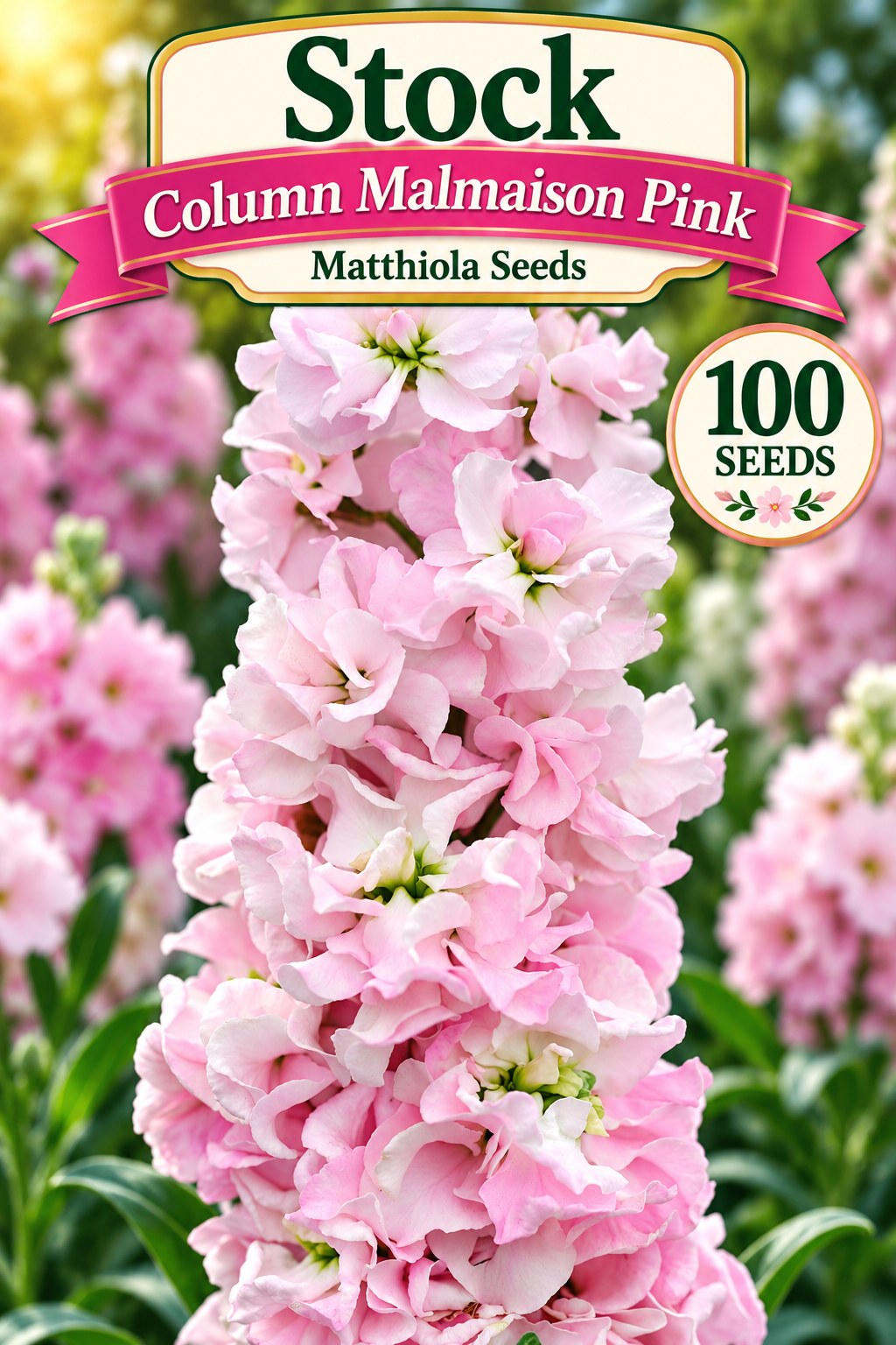 Column Malmaison Pink stock seed graphic with pink blooms, 100 seeds