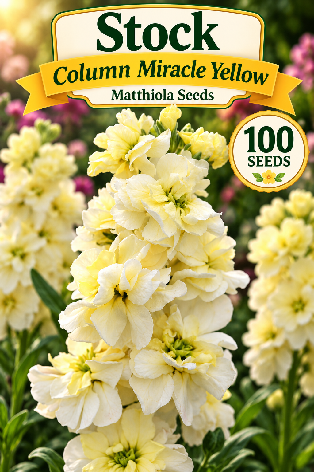 Column Miracle Yellow stock seed graphic with pale yellow blooms, 100 seeds