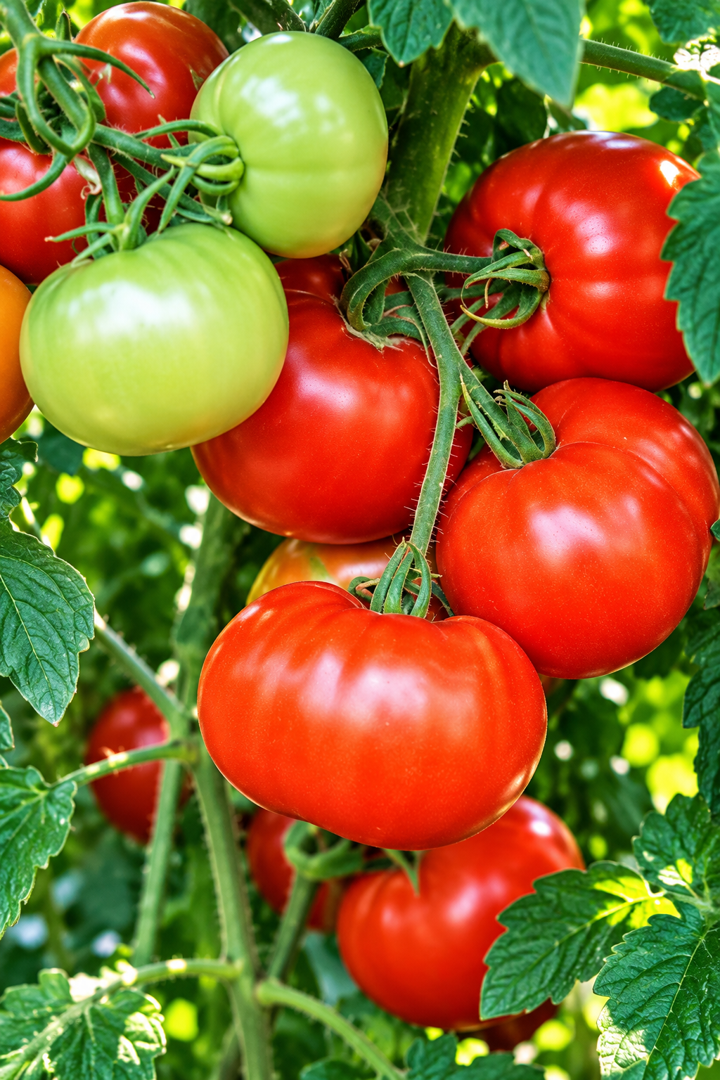 Large red Super Fantastic F1 hybrid tomatoes ripening on the vine alongside green fruit and leafy foliage.