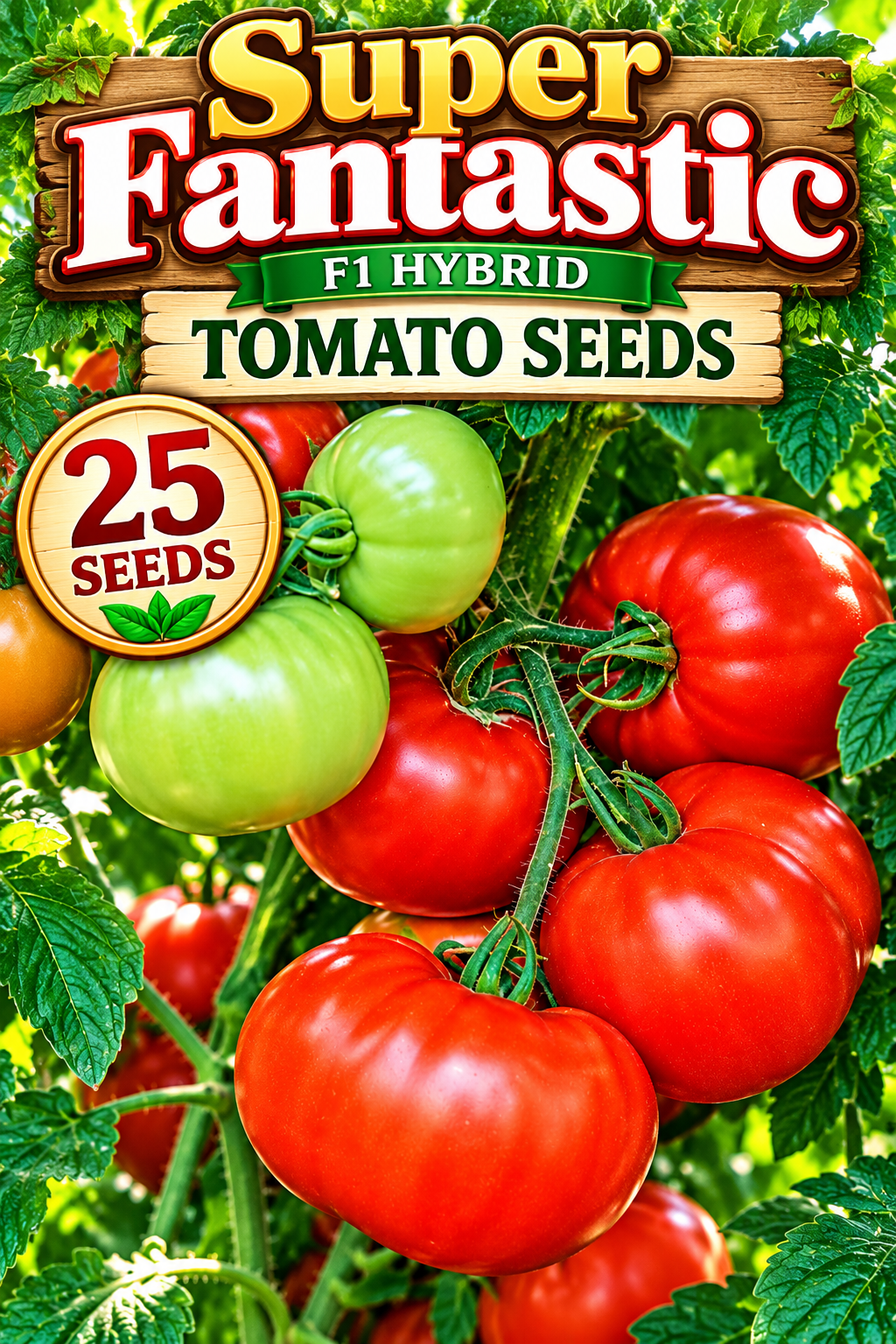 Super Fantastic F1 hybrid tomato seeds, 25 seeds, with ripe red and unripe green tomatoes on the vine