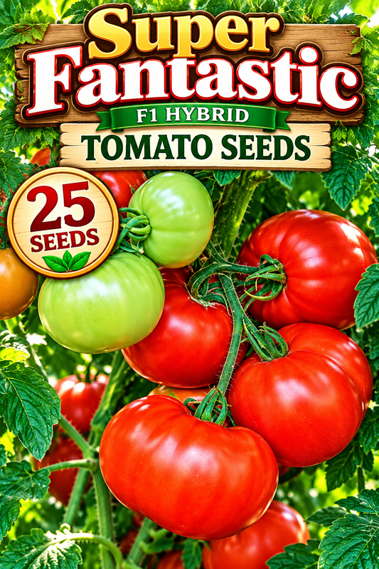 Super Fantastic F1 hybrid tomato seeds, 25 seeds, with ripe red and unripe green tomatoes on the vine