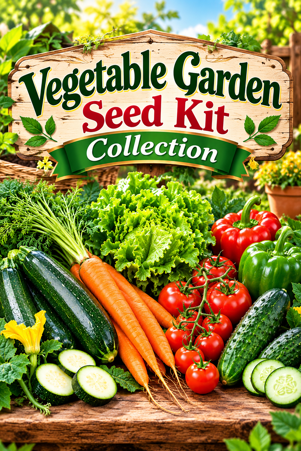 Vegetable Garden Seed Kit graphic with a fresh harvest of zucchini, carrots, lettuce, tomatoes, cucumbers, and bell peppers on a rustic wooden table