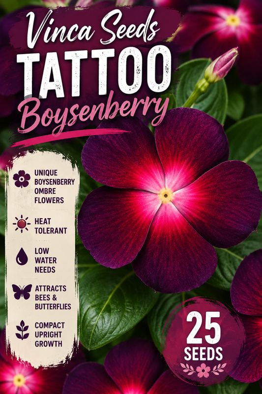 Seed packet design for Vinca Seeds Tattoo Boysenberry, featuring a close-up of a deep magenta and purple flower with green leaves, plus text highlighting unique blooms, heat tolerance, low water needs, bee attraction, and 25 seeds.